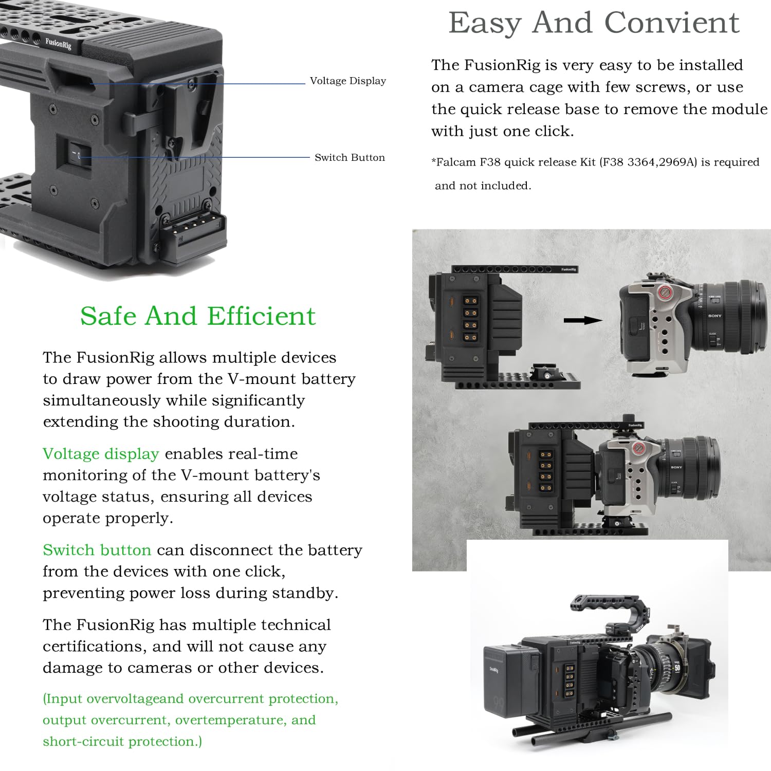FusionRig Moduł rozszerzający do klatki aparatu Nikon ZR, kompatybilny z SmallRig 5467, uchwyt akumulatora V-Mount, rozdzielacz D-Tap, dwa wyjścia USB-C (65 W), lekka konstrukcja ze stopu aluminium i