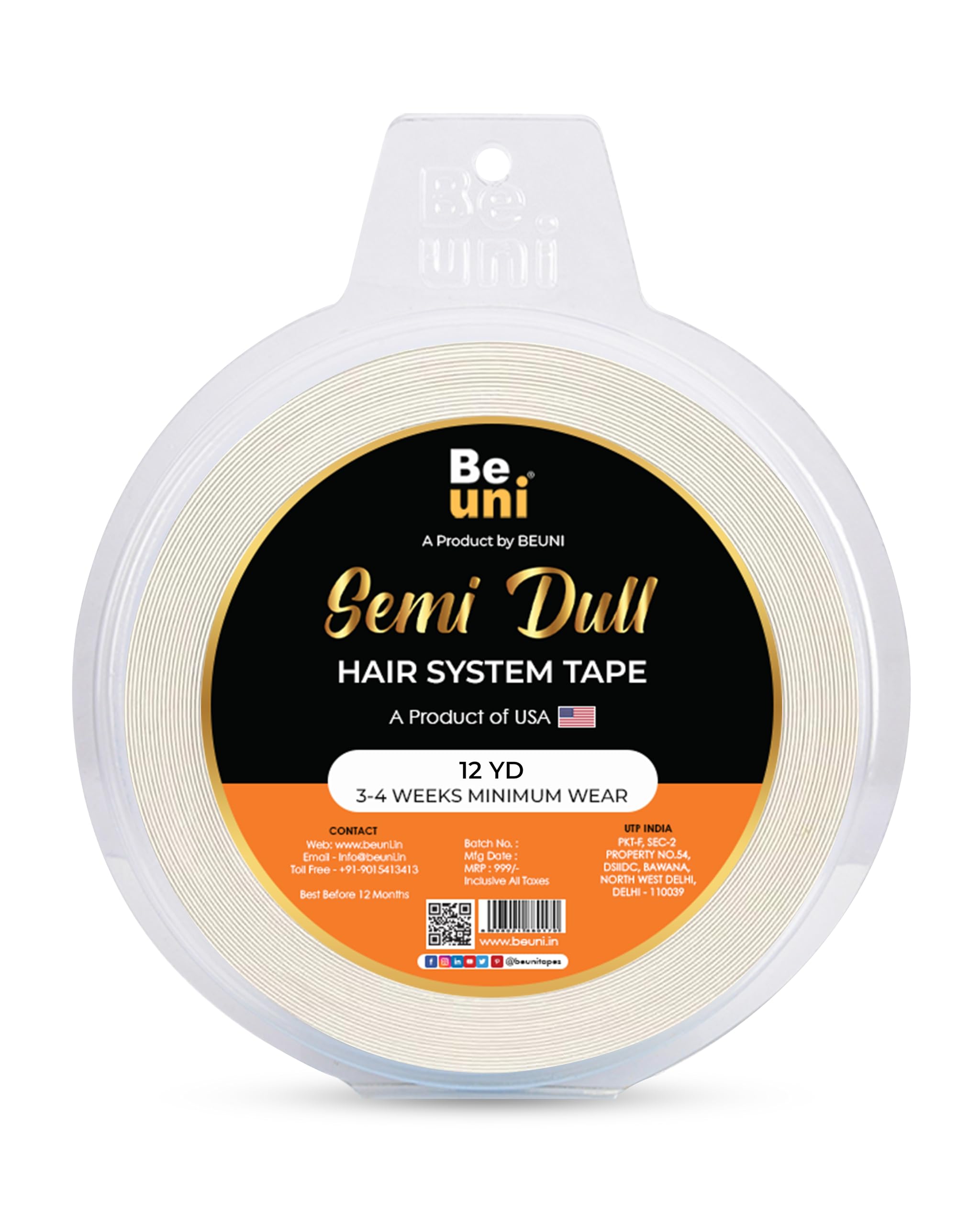 Beuni Semi Dull Hair Patch Tape For Men - Super Ultra Hold Up To 2-4 Weeks | No Shine Tape For Hair Patch | Waterproof Wig Tape For Men | Skin Safe, Non-Allergic, Medical Grade Material | 12 Yrd