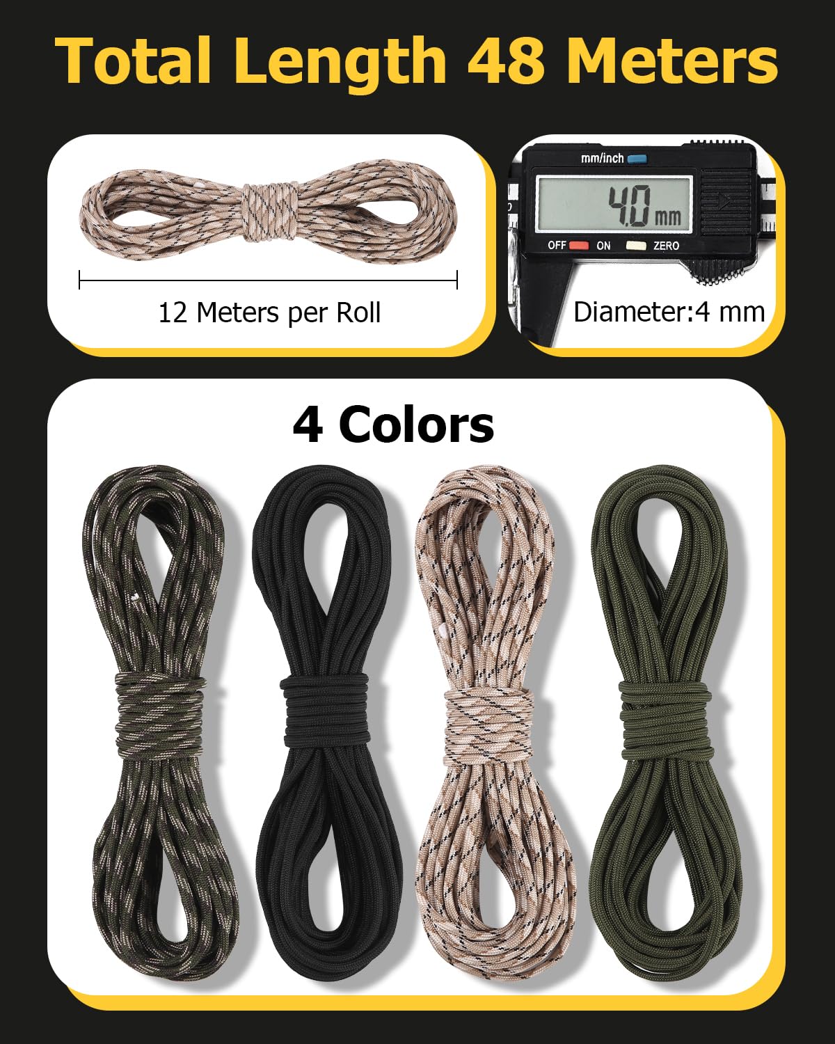 48 m Paracord 4 mm, odporna na rozerwanie, 100% nylonowa, 9 rdzeni, linka Paracord, 4 sztuki x 12 m, zestaw Paracord, wytrzymuje do 280 kg, odporna na warunki atmosferyczne, do survivalu, na