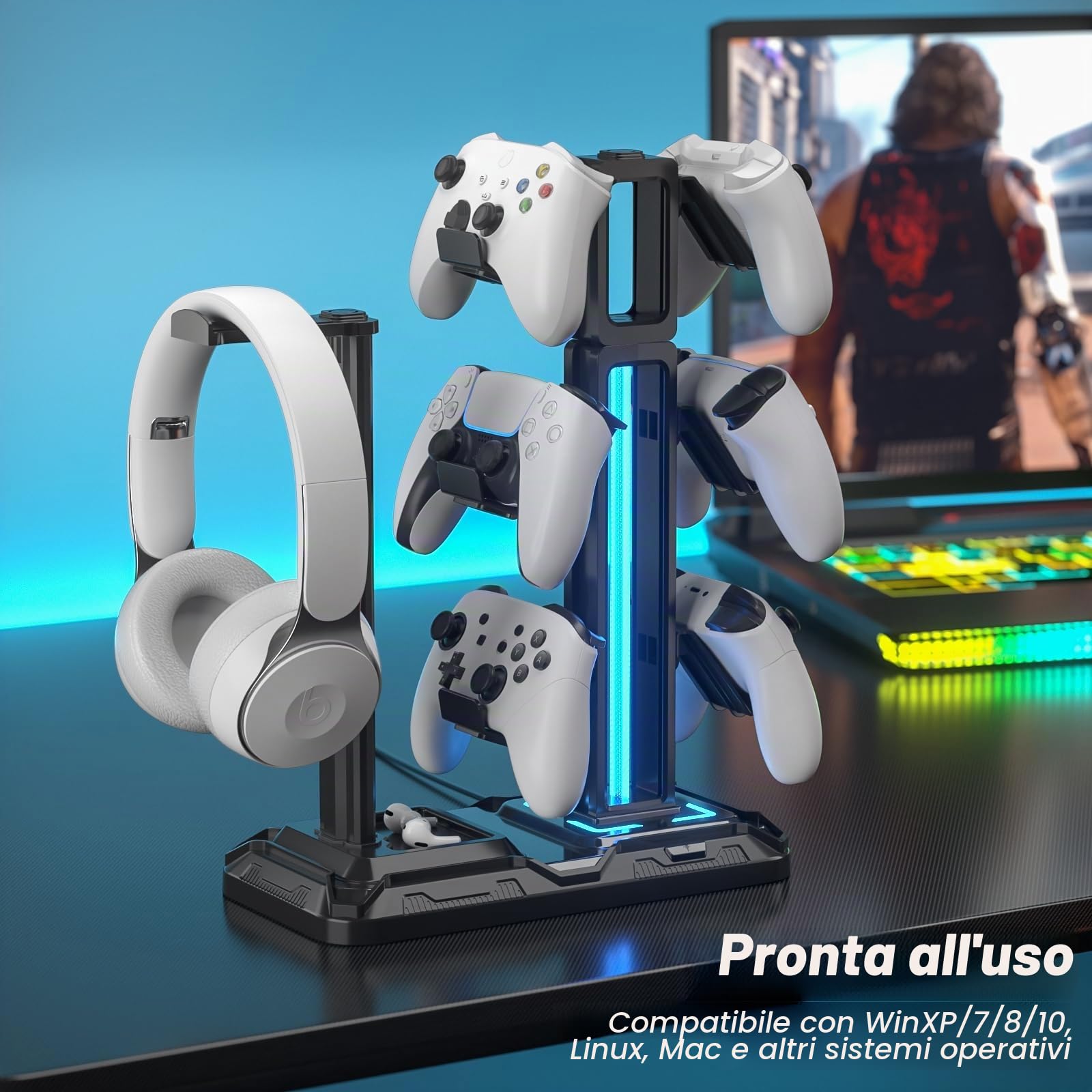 KDD Supporto Controller e Cuffie Gaming da Scrivania con 9 Modalità di Illuminazione e Gancio per Cuffie Ruotabile, Porta Controller con 6 Ganci Staccabili per PC Desktop Accessori Gaming Nero