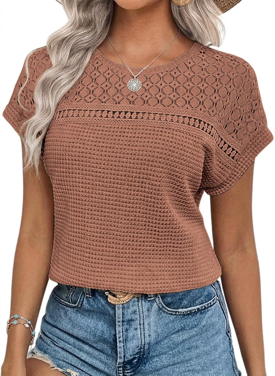 Chicrise Blouse Women's Elegant Short Sleeve Lace Tops Crochet Crew Neck T-Shirt Summer, brown, XXL