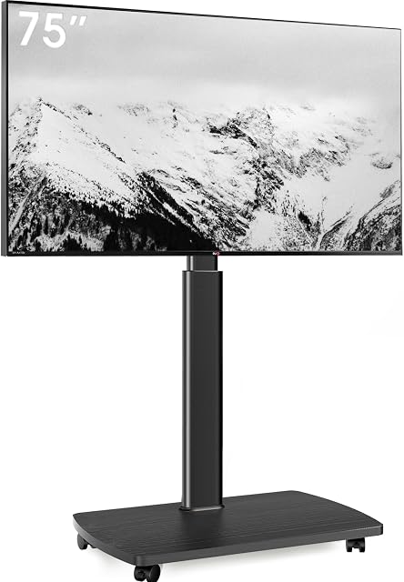 AOKCOS Rolling TV Stand for 43-75 in TVs Holds up to 110lbs, Max Vesa 400 x 600mm, Mobile TV Stand with 10 Levels Height Adjustment, 60 Degrees Swivel with Tilting, Fits for Living Room/Bedroom/Office