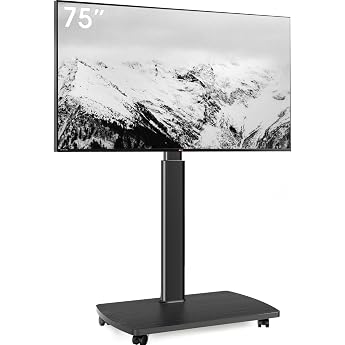 Aokcos TV Floor Stand Rollable with Wooden Shelf TV Stand with Wheels for 43-75 Inch Flat & Curved TVs up to 50 kg Height Adjustable Swivelling TV Stand Max. VESA 600 x 400 mm