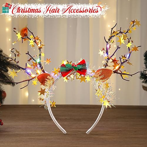 Miniatura 2 de CASDRE Diadema de cornamenta de reno de Navidad, estrella dorada iluminada, aro, campana, accesorios brillantes para el cabello para mujeres y niñas