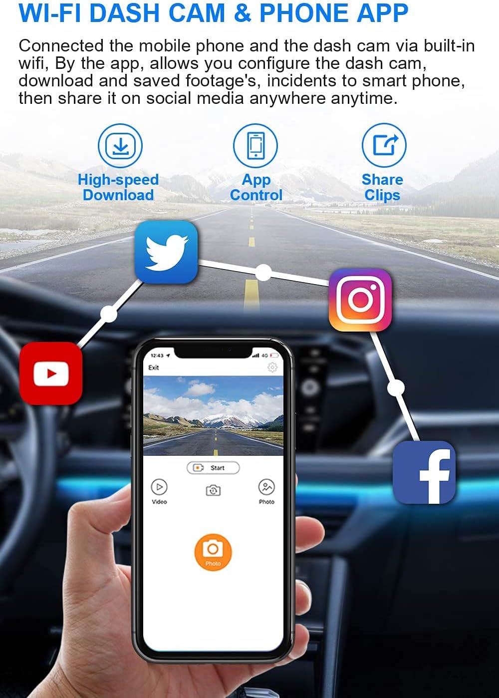 Smartphone screen displaying the FITCAMX app interface, showing options for high-speed download, app control, and sharing clips to social media platforms like YouTube, Twitter, Instagram, and Facebook.