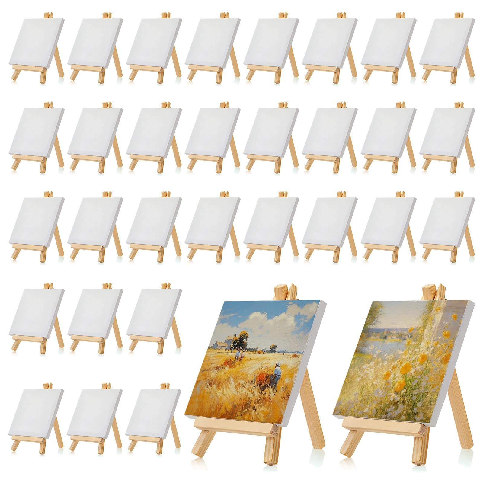Lot de 32 Mini Chevalets en Bois avec Toiles Vierges 10x10 cm – Petits Chevalets d’Art Pliables pour Peinture Acrylique, Huile, Gouache, Ateliers DIY, Mariage et Décoration