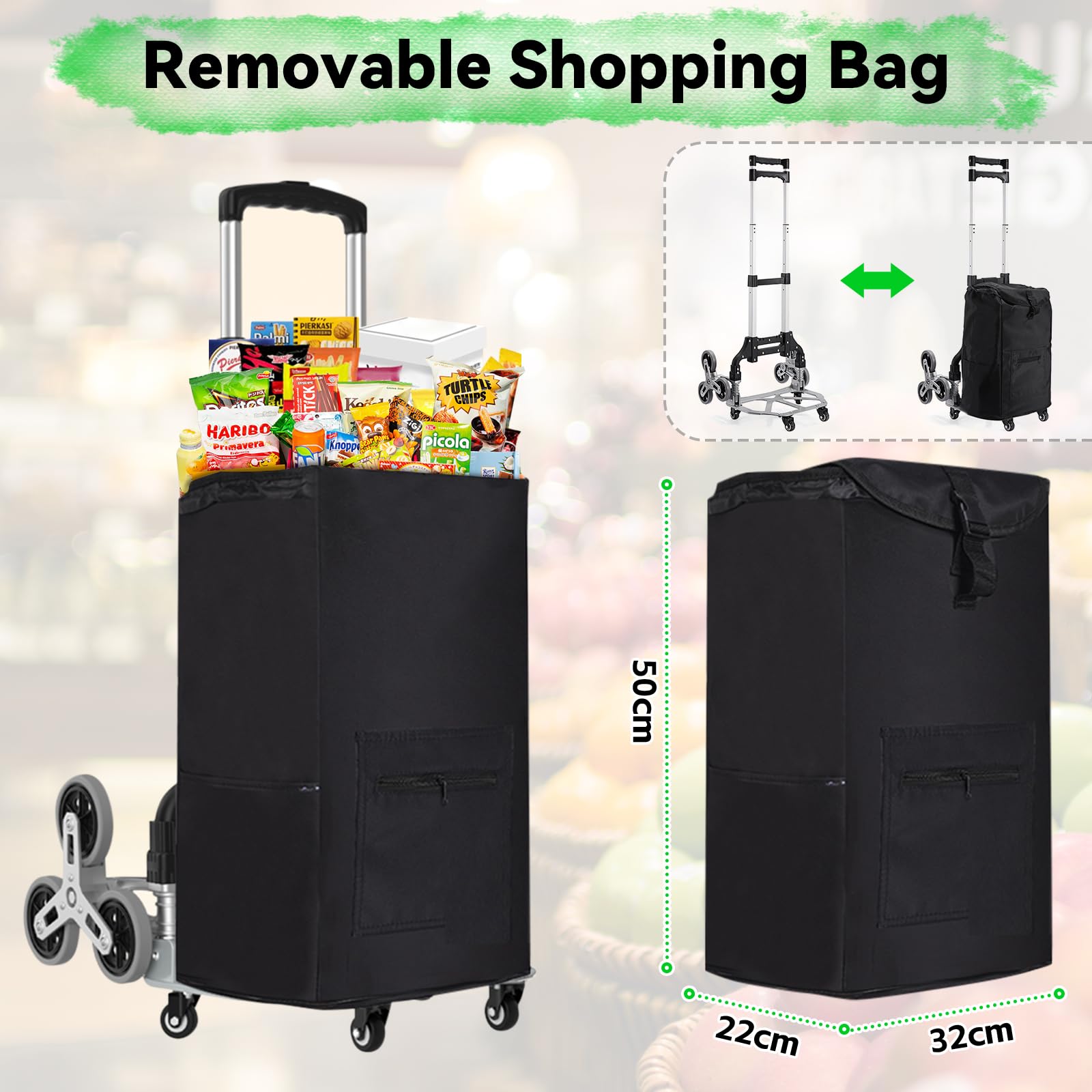 Carretilla Sube Escaleras Plegable, con Cuatro Ruedas Pequeñas Universales de 360° y 2 Piezas de Ruedas de Cristal, Mango Ajustable hasta 100 kg, Adecuada para Subir Escaleras, Mover, Transportar