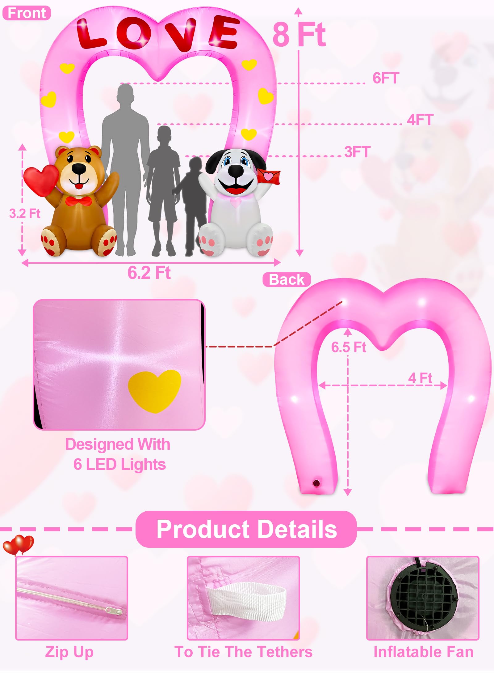 8 Feet Valentine's Day Inflatables Outdoor Bear Holds Heart, Dog Love Envelope Pink Love Archway Inflatables Romantic Valentine Blow up Build-in LED Light Valentines Day Decorations Lawn Yard Wedding