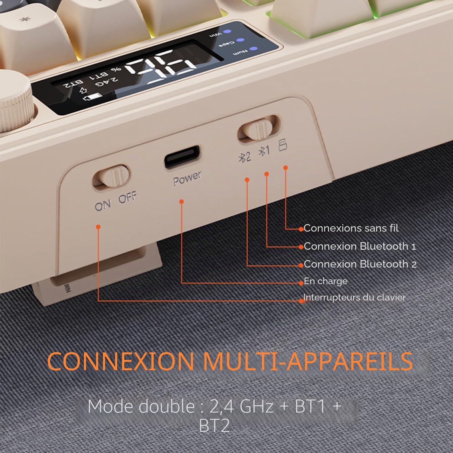 ZIYOU LANG ×FREEWOLF T96 Ensemble clavier souris et jeu sans fil, BT/2,4G double mode, affichage et bouton intelligents, rétro-éclairage arc-en-ciel, clavier QWERTY rechargeable et souris -Gris Orange