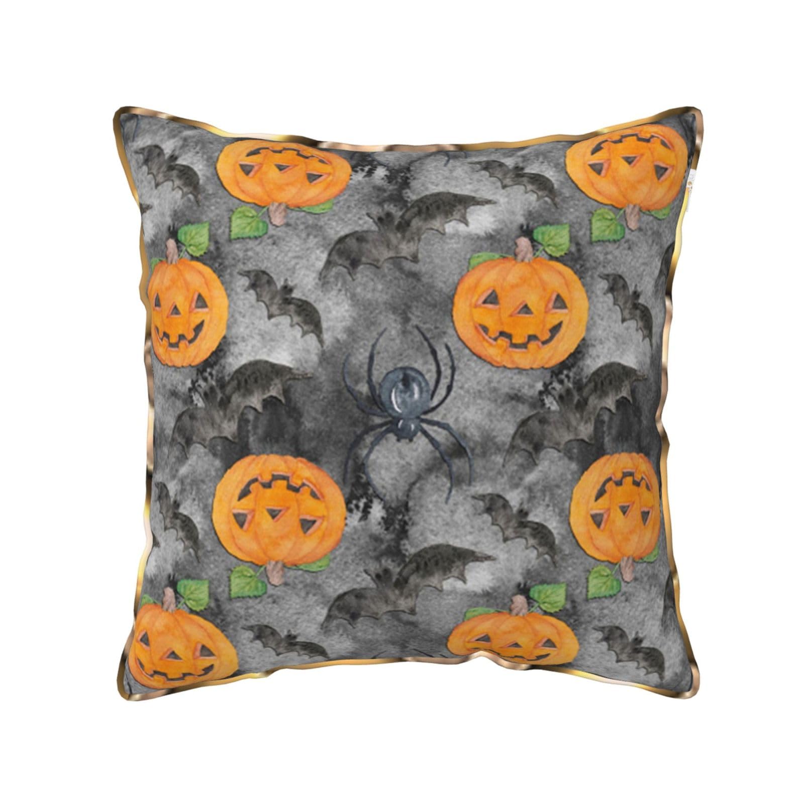 AUBKFELD Halloween Grey Bat Spider Printed Velvet Cushion Cover 40x40 CM with Gold Edging Strip, Square Pillowcase Soft Throw Pillow Covers Case Decorative for Living Room Sofa Couch Bed Bench