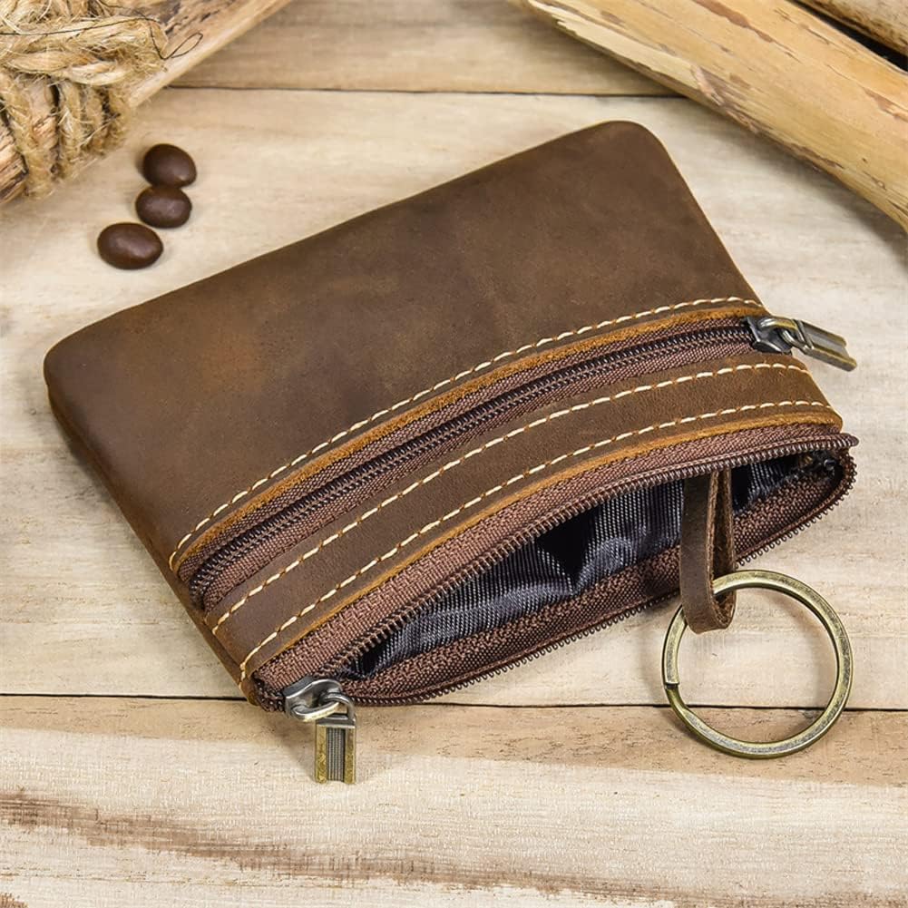1 Pcs Leather 2 Zipper Coin Purse Wallet With Key Ring, Coin Organizer, Change Holder,Card Case, Leather Zipper Storage Bag for Men