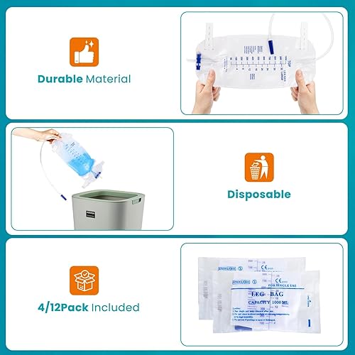 Miniatura 7 de Paquete de 4 bolsas de catéter de 33.8 fl oz con tubo de drenaje de 18 pulgadas, válvula antirreflujo, catéter de orina de pierna de gran capacidad