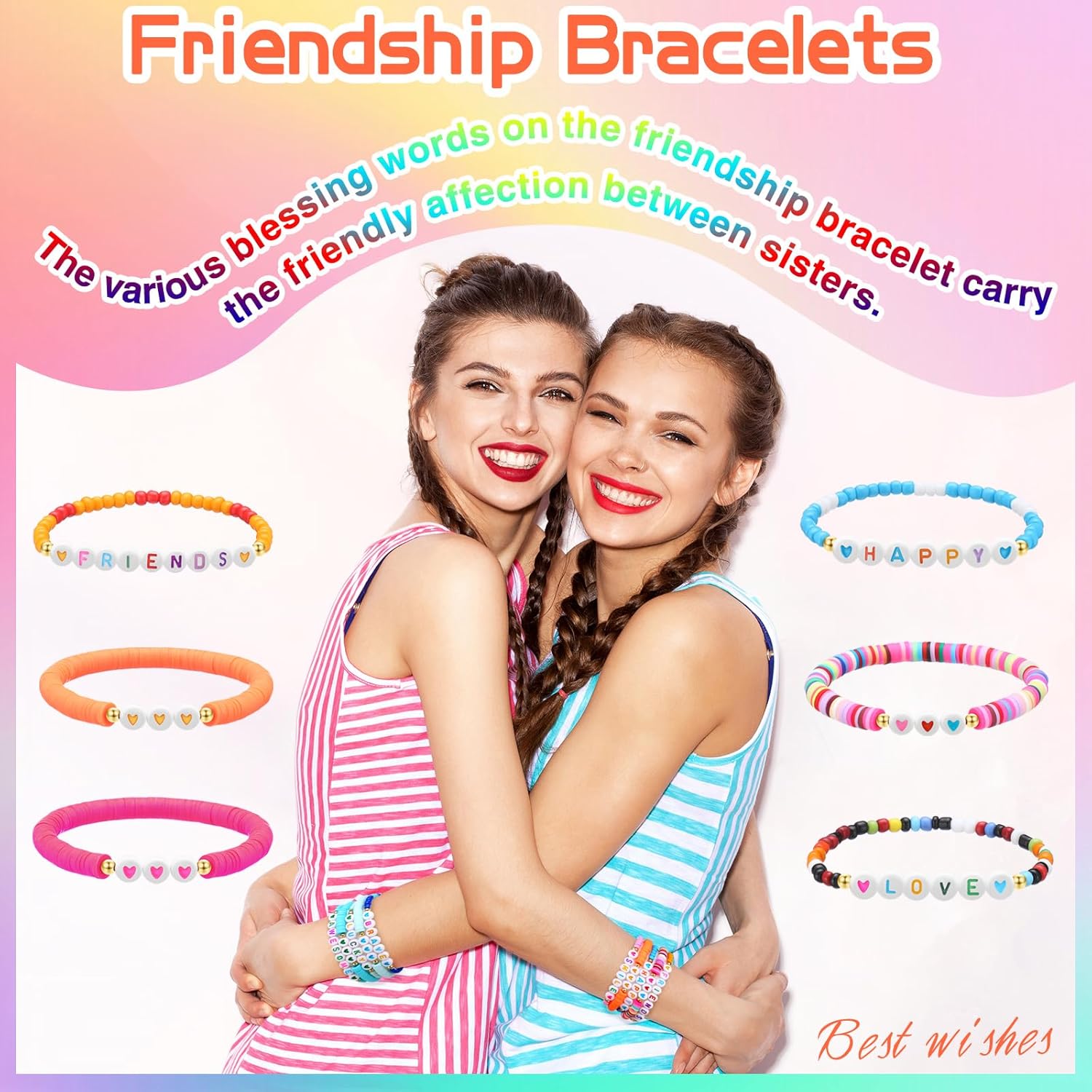 100 Pcs Beaded Friendship Bracelets Bulk Colorful Inspirational Stretch Bracelets Y2k Preppy Adjustable Jewelry for Rainbow Princess Women Beach Party Favor Gifts(Love Heart) - Image 5