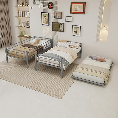 Miniatura 45 de GNIXUU Literas de tamaño individual sobre matrimonial, marco de literas bajas de metal resistente con barandilla de seguridad y escalera para