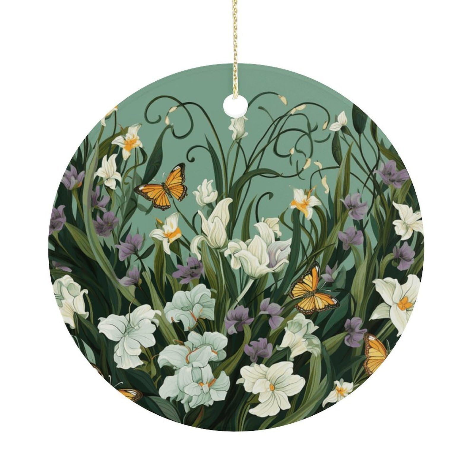 Flowers and Butterflies on Green Background Christmas Ornaments Colorful Round Ceramic Ornament Christmas Hanging Decor Christmas Tree Decorations Xmas Keepsake for Women Men Xmas Holiday Party