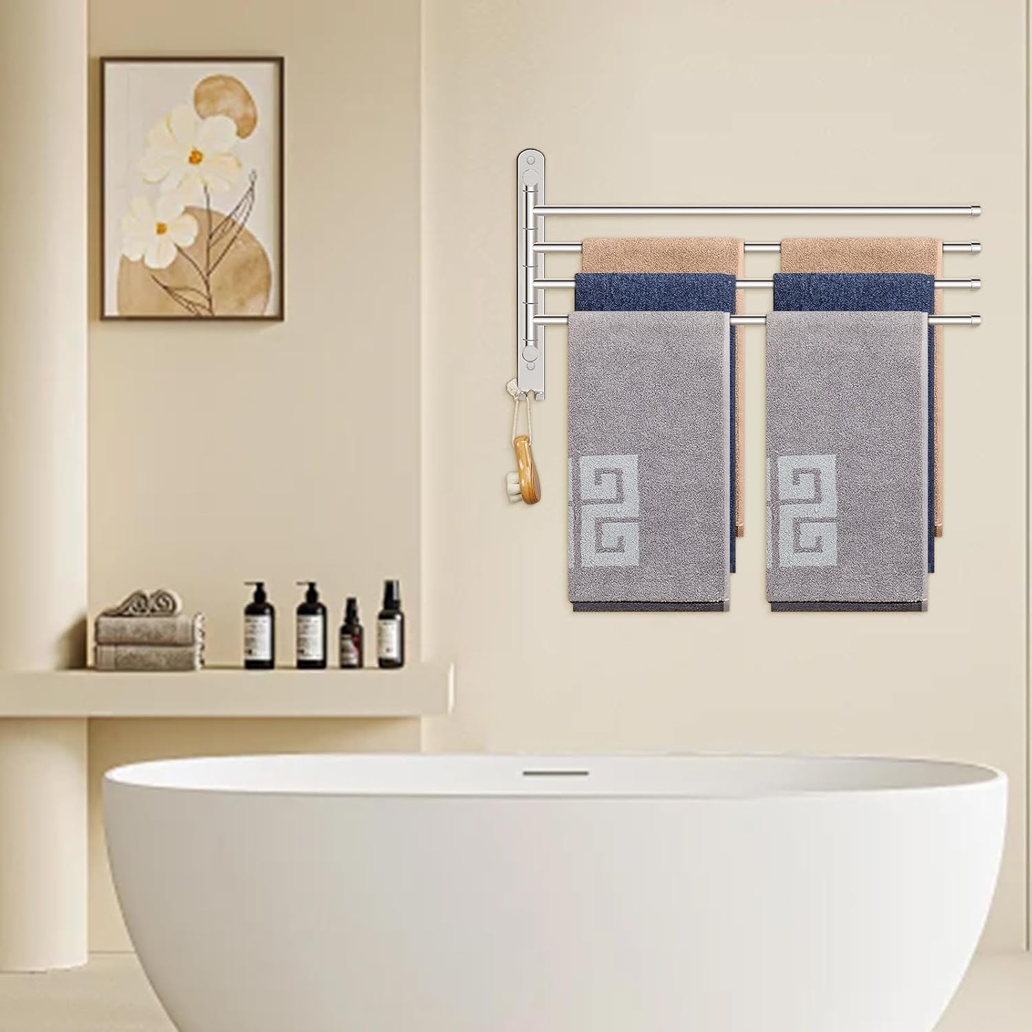 NearMoon Swivel Towel Rack, 19.5" Thicken 304 Stainless Steel 4-Arm Towel Bar, Space Saving Wall Mounted Towel Holder with Hook, Rustproof Swing Out Towel Hanger for Bathroom, Kitchen (Chrome Finish)