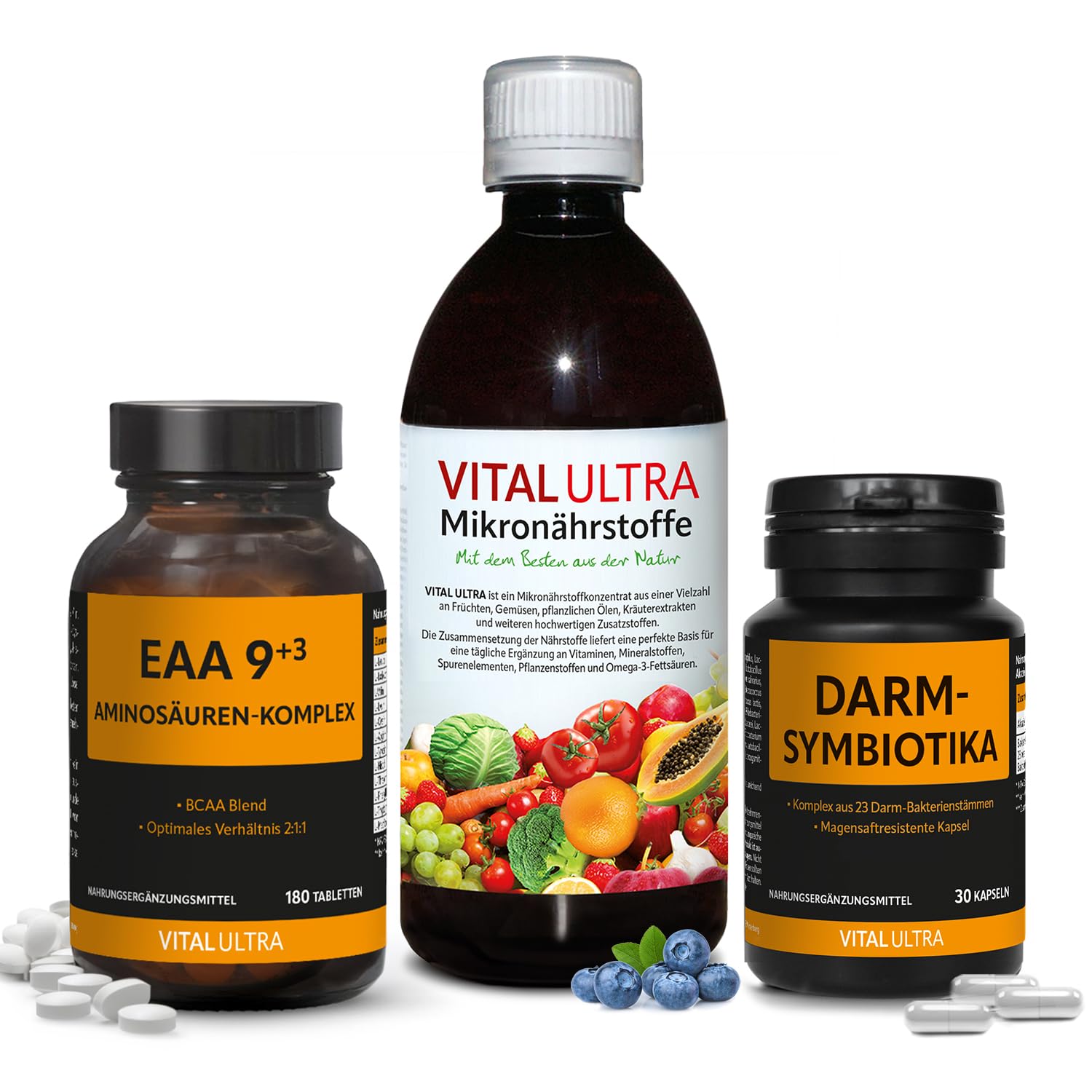 Vital Ultra Mikronährstoffe, Darm-Symbiotika, EAA 9+³ Aminosäuren-Komplex | Vitamine, Mineralien, Spurenelemente, Pflanzenstoffe, 23 Bakterienstämme (Lactobacillus & Bifidobakterien) und 12 Aminosäuren