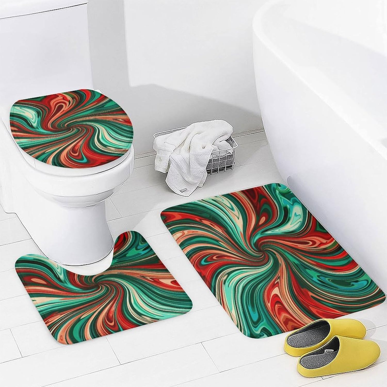 Four Piece Bathroom Set with Toilet Lid Cover and Non-Slip Rugs Minimalist Shower Curtain for Bathroom Set