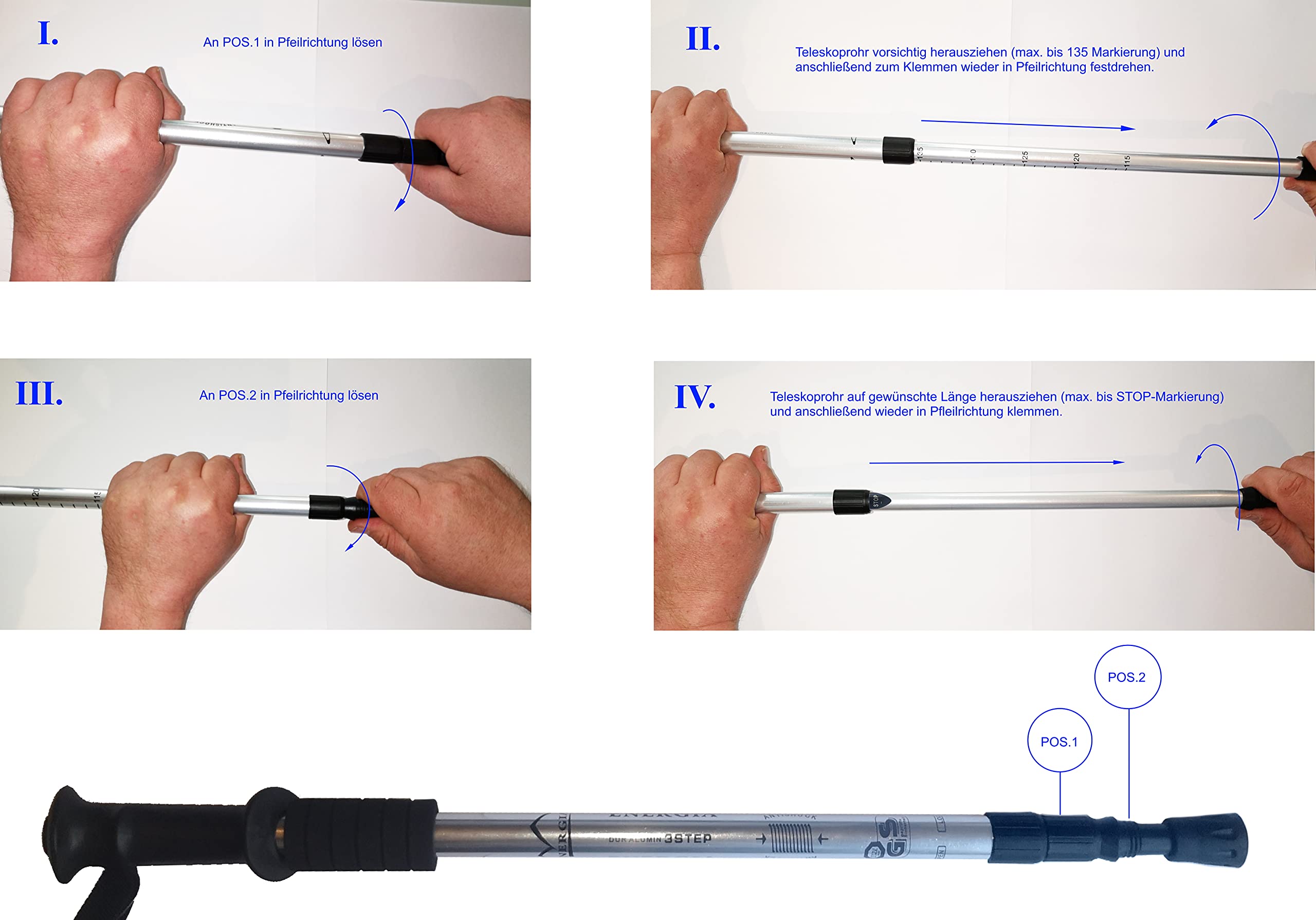 Coppia di bastoni da Nordic Walking con telescopio da 100 cm a 135 cm, regolabili molto leggeri in lega di alluminio con sospensioni antiche e tappi di protezione, bastoncini da trekking, blu o nero