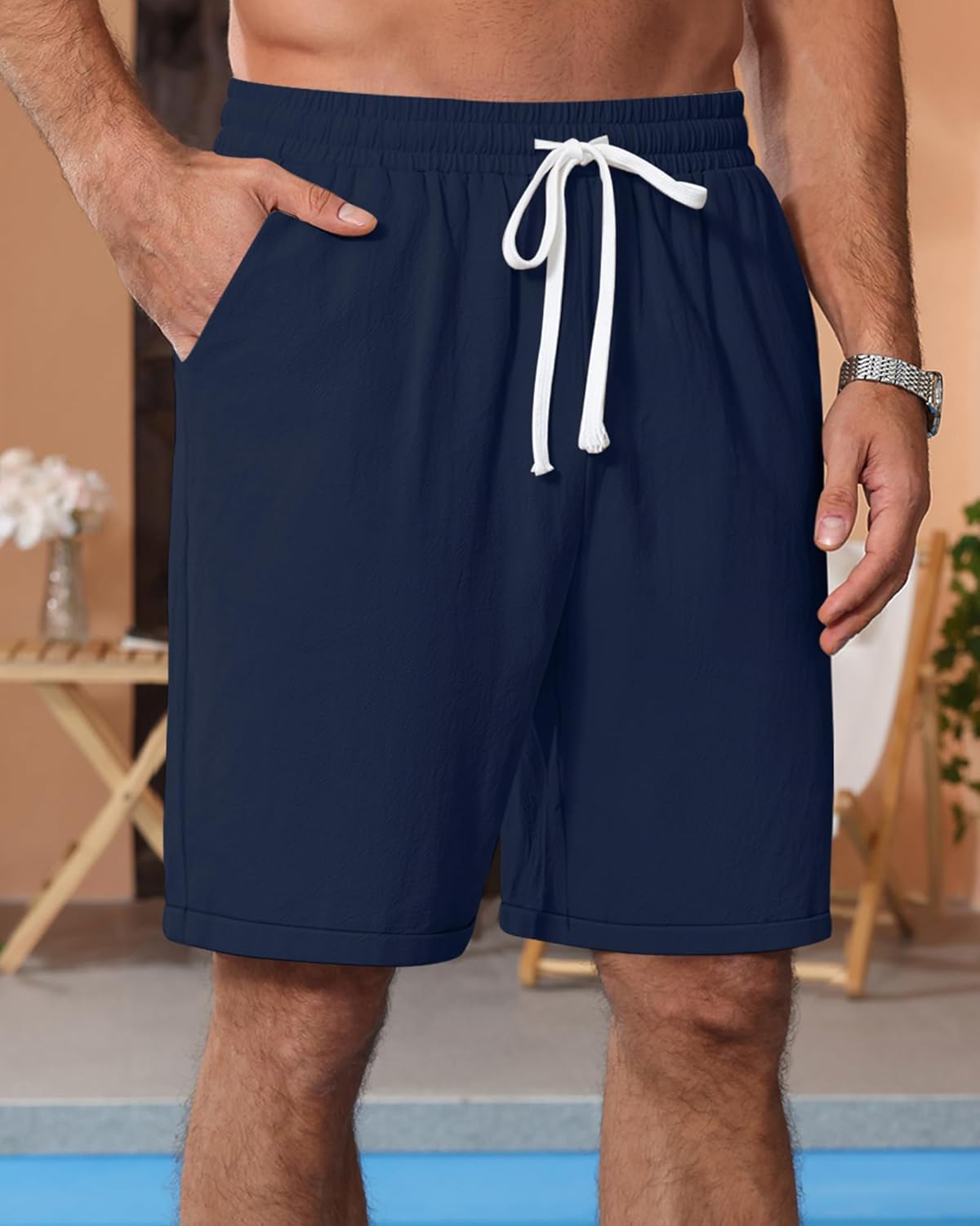 Ficerd 2 Pack Men's Linen Shorts Casual Elastic Waist Drawstring Stretch Summer Beach Vacation Wear with Pockets - Image 3