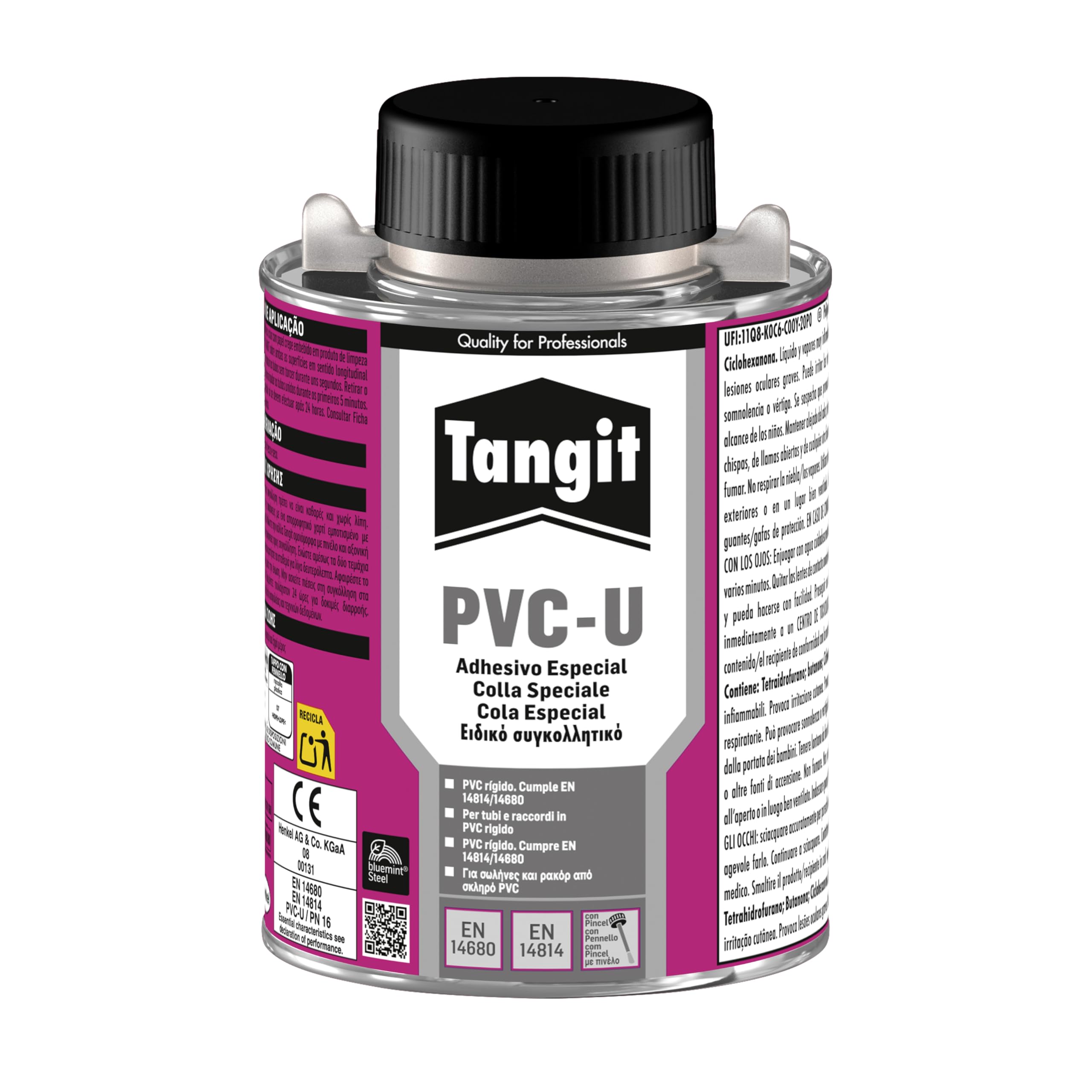 Tangit Adesivo speciale con pennello, Tangit PVC colla per assemblare tubi, Adesivo PVC per incollare tubature idrauliche e giunzioni, 1x250g latta con pennello