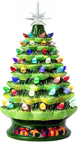 Árbol de Navidad de cerámica preiluminado, de mesa, de 15 pulgadas, con 70 bombillas multicolores, decoraciones de Navidad