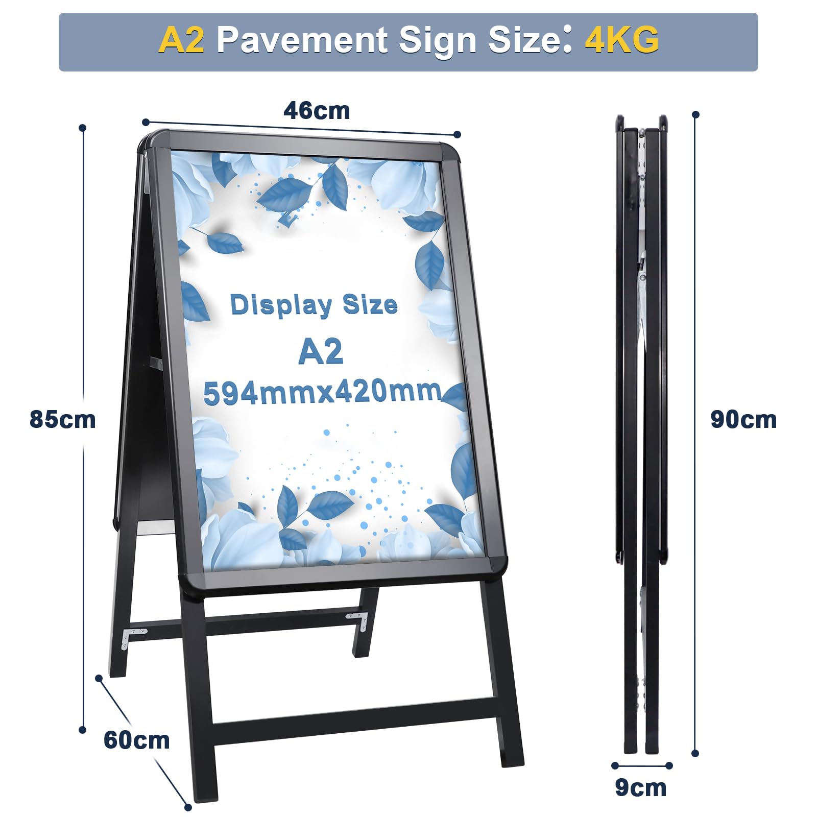 A2 Pavimentazione Cartello Cornice Cartello Doppio Lato Display A-Board Poster Stand Segno Titolare per Pubblicità (Nero-A2)