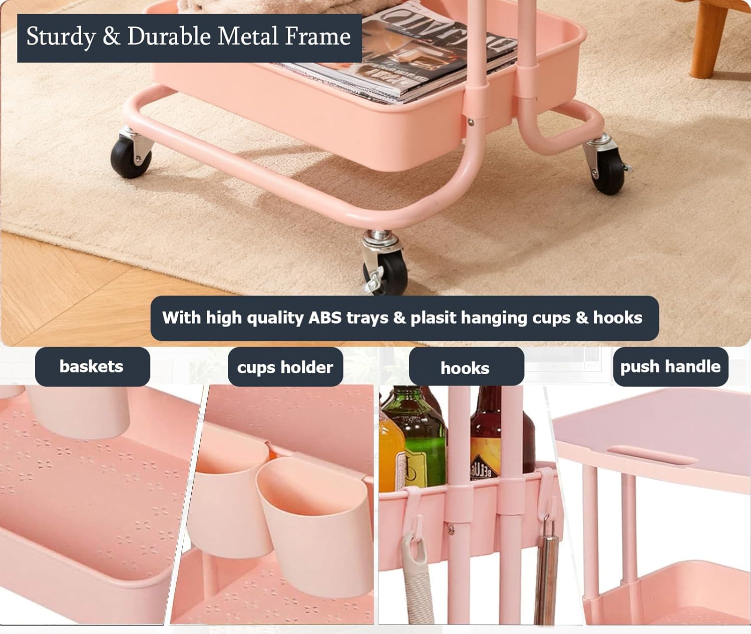 3 Tier Rolling Cart Pink Utility Cart with Table Top Multi-Functional Storage Trolley for Office, Living Room, Kitchen, Movable Storage Organizer on Wheels with Hanging Cups