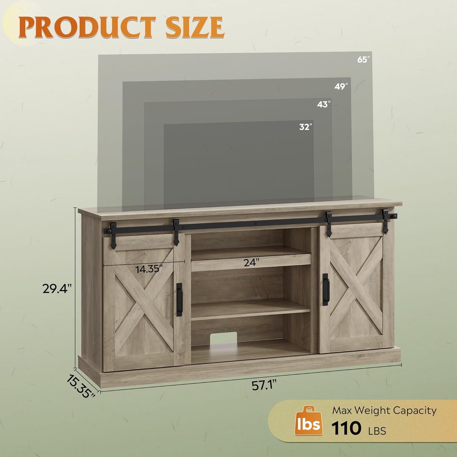 WLIVE Farmhouse TV Stand for TVs up to 65", Modern Media TV Console with Sliding X-Shaped Barn Doors, Entertainment Center with Storage Cabinets for Living Room, Grey Oak