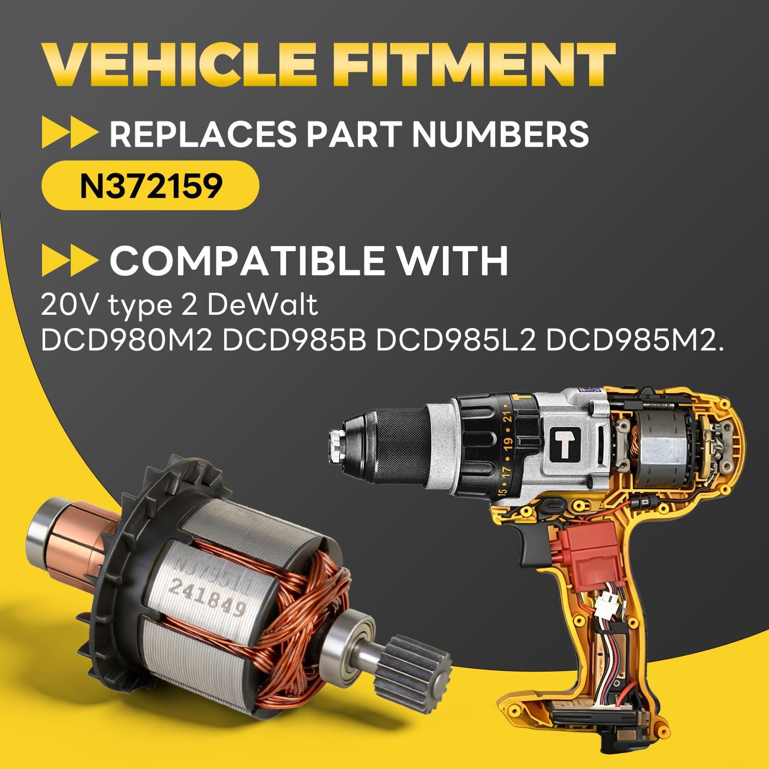 N372159 Upgraded Armature Assembly Compatible with 20V type 2 Brushless Hammer Drill/Drill Armature Assembly DeWalt DCD980M2 DCD985B DCD985L2 DCD985M2