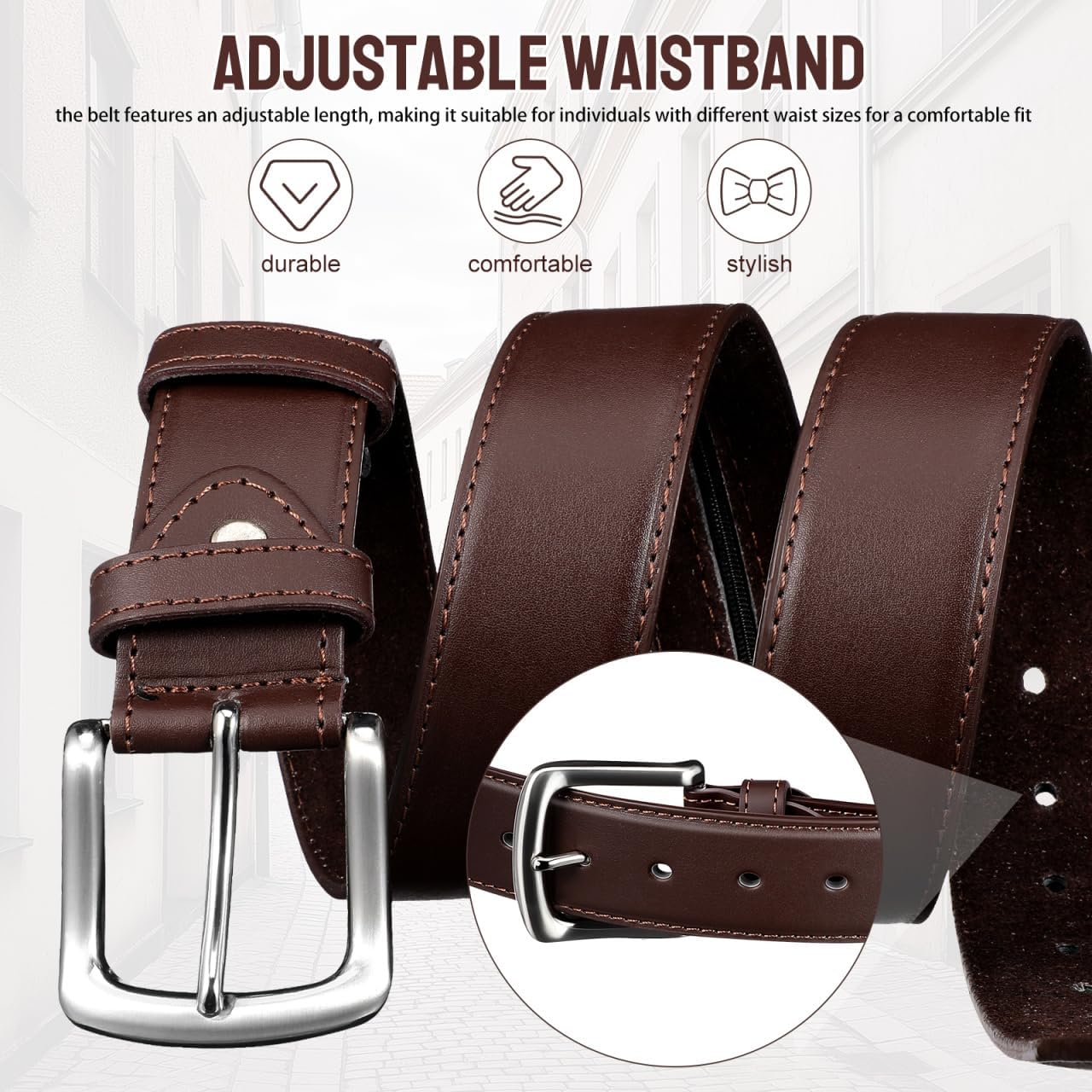 GALPADA Mens PU Leather Belt Hidden Zipper Pocket Brown Casual Waist Strap Secret Cash Compartment Travel Security Anti Theft Wallet Invisible Pouch Pickpocket Safe Gear Apparel Clothing 46 Inches