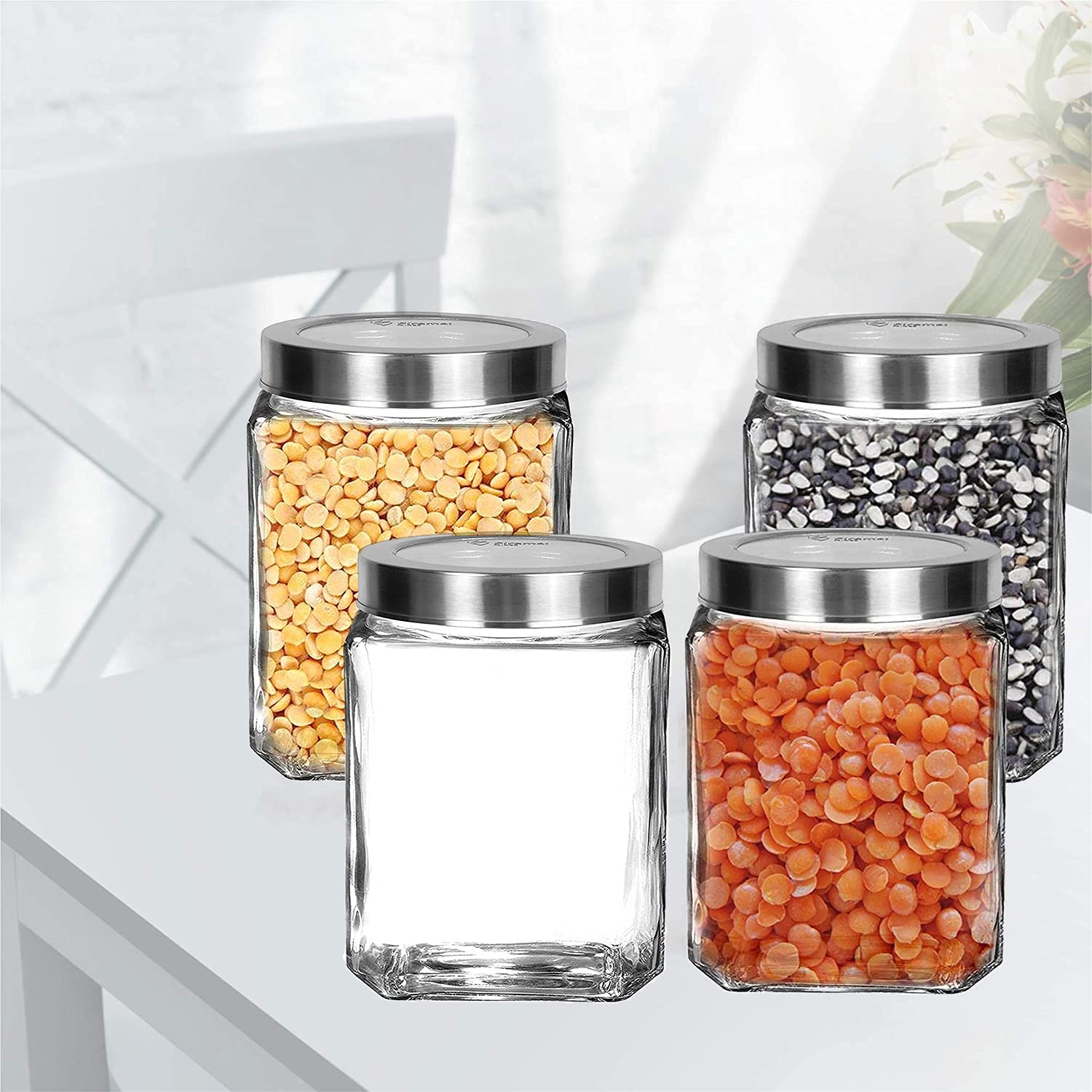 Piraml Glass Cubical Square 600ml Transparent Glass Jars & Containers for Kitchen Pantry, Honey, Jams, Pickles, Cookies, Dry Fruits, Coffee Beans Storage with Lid (600ml, Set Of 4)