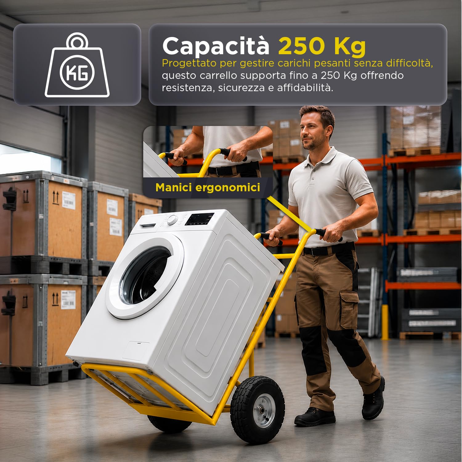 Carrello con Ruote Portatutto Professionale – 2 Ruote Pneumatiche Camera d'Aria, 250 kg, Metallo | Carrello Portapacchi con Manico Ergonomico per Scale, Fango, Cantiere e Traslochi (Giallo)