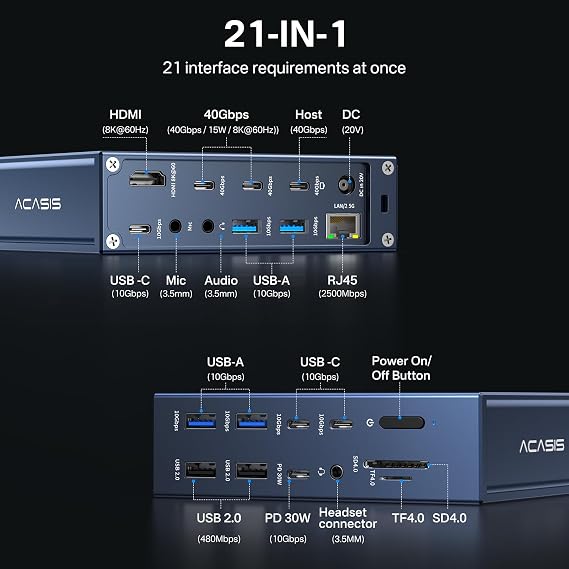 ACASIS Thunderbolt 4 Dock 21-IN-140gbps for MacBook Pro Docking Station Dual Monitor, 8K60Hz HDMI 2.5 GbE Ethernet SD/TF 4.010Gbps 7*USB C/A, 3.5mm Audio, 40Gbps Dock for Mac/Dell/HP/Lenovo/ThinkPad