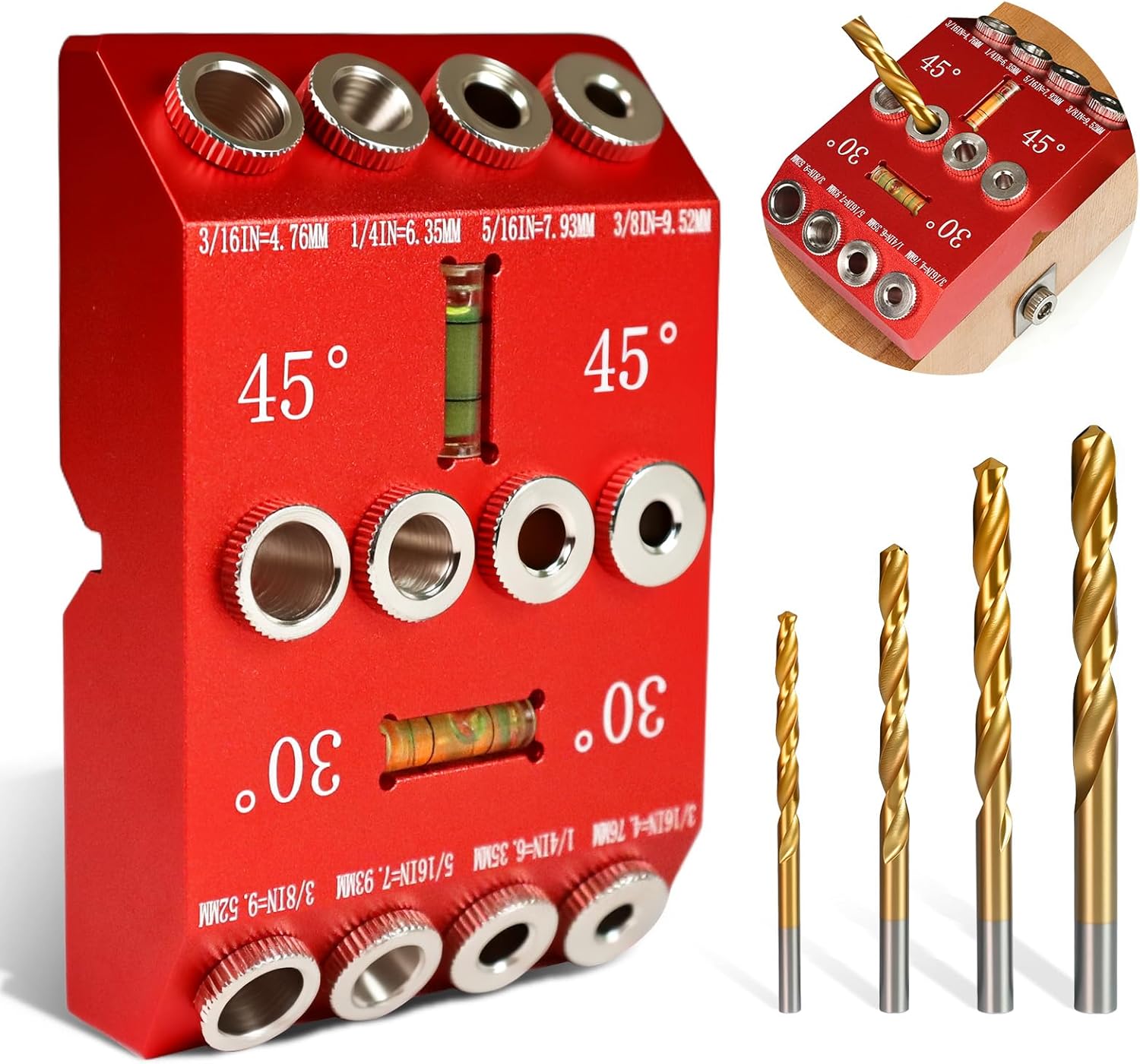 30/45/90° Angle Drill Guide Jig, Drill Guide for Straight or Angled Holes with Bubble Level, Portable Metal Drill Guide for Wood, Deck Railings, Posts, Includes 4 Drill Bits