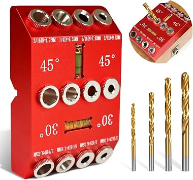 30/45/90 Angle Drill Guide Jig, Drill Guide for Straight or Angled Holes with Bubble Level, Portable Metal Drill Guide for Wood, Deck Railings, Posts, Includes 4 Drill Bits