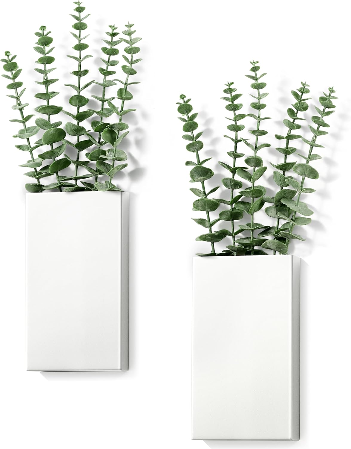 Josmimic 2-Pack White Metal Wall Planter Vases with Artificial Eucalyptus - Rustic Farmhouse Hanging Pockets for Indoor Greenery