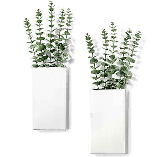 2 Pack Metal Wall Planter Vases Decor with Artificial Eucalyptus,