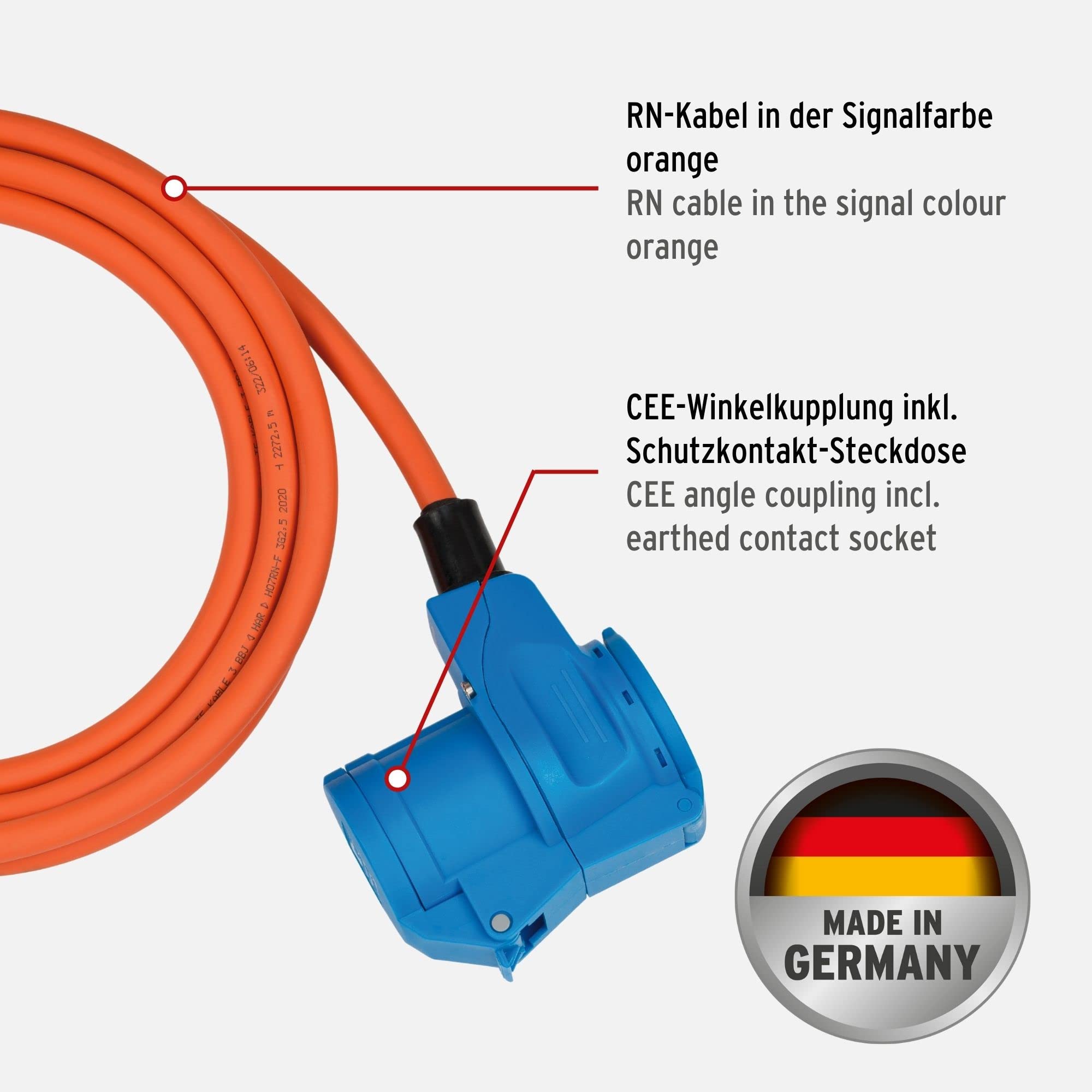 Brennenstuhl Cavo di prolunga CEE da campeggio con spina CEE e attacco angolare con presa combinata con contatto di protezione (cavo da 3 m in arancione, 230 V/16 A, uso esterno, prodotto in Germania)