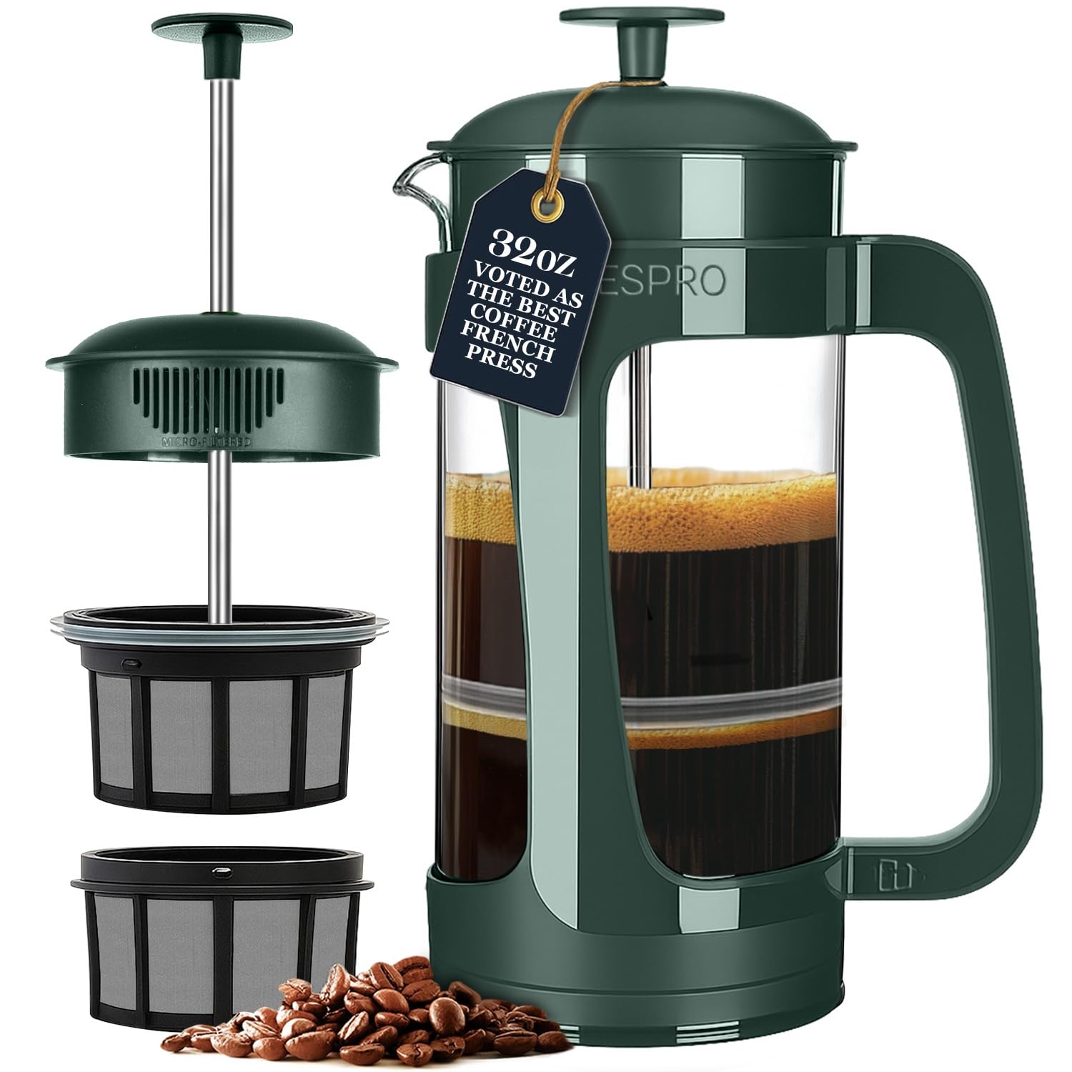 ESPRO P3 French Press Coffee Maker, 32oz, Green, Double Micro Filter Press