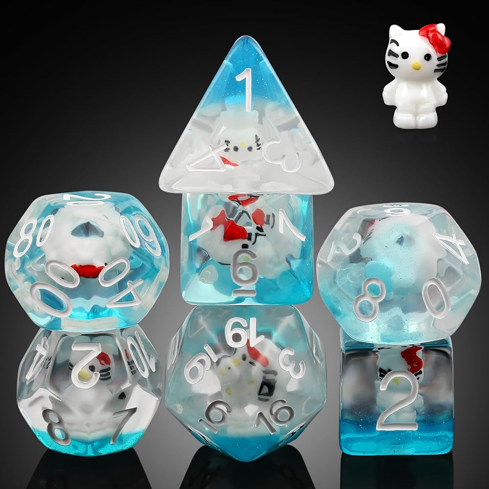 Kitty Dungeons and Dragons Dice,DNDND 7PCS D&D Dice Set with Velvet Bag for DND Role Playing Games and Tabletop GamesKitty