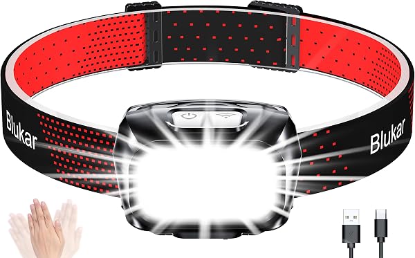 Blukar Lampe Frontale Rechargeable, 2000LM Super Lumineux Léger Torche Frontale LED Puissante avec Voyant Rouge,8 Modes d'Éclairage,Capteur Mouvement,IPX5 Étanche,30H d'autonomie pour Camping/Urgence - 1