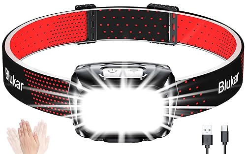 Blukar LED Stirnlampe Wiederaufladbar, 2000L Ultra Kopflampe Stufenlos Dimmbar mit 8 Modi, Sensor & Rotlicht, IPX5 Wasserdicht Mini Stirnleuchte für Erwachsene, für Joggen, Camping, Angeln
