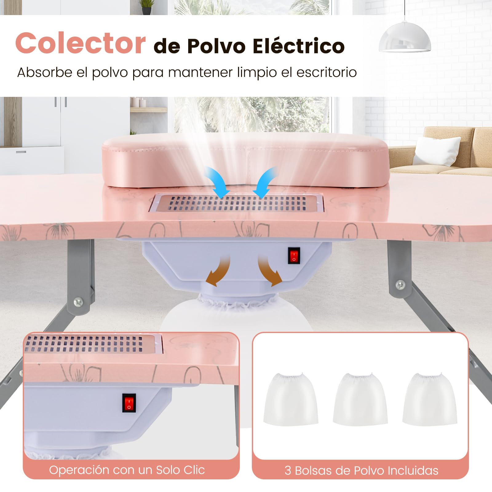 COSTWAY Mesa de Manicura Plegable con Colector de Polvo Eléctrico, Mesa Portátil para Uñas con Lámpara LED Ajustable, 3 Bolsas de Polvo, Bolsa de Transporte y 4 Ruedas Bloqueables para Spa (Rosa)