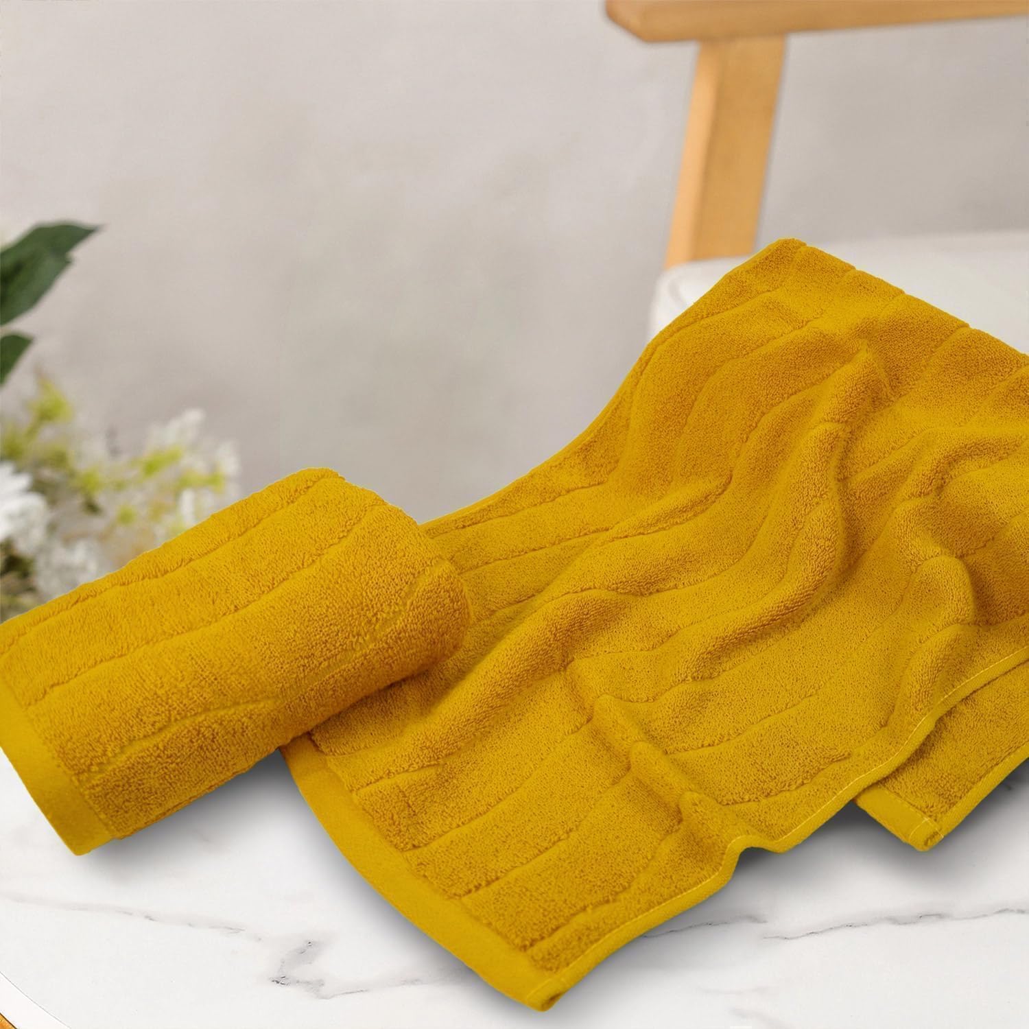Jacquotha Wavy Striped Cotton Hand Towels, Set of 2, Dry Your Hand Instantly, 13x29 Inches, Mustard Kitchen Bathroom Towel - Image 3