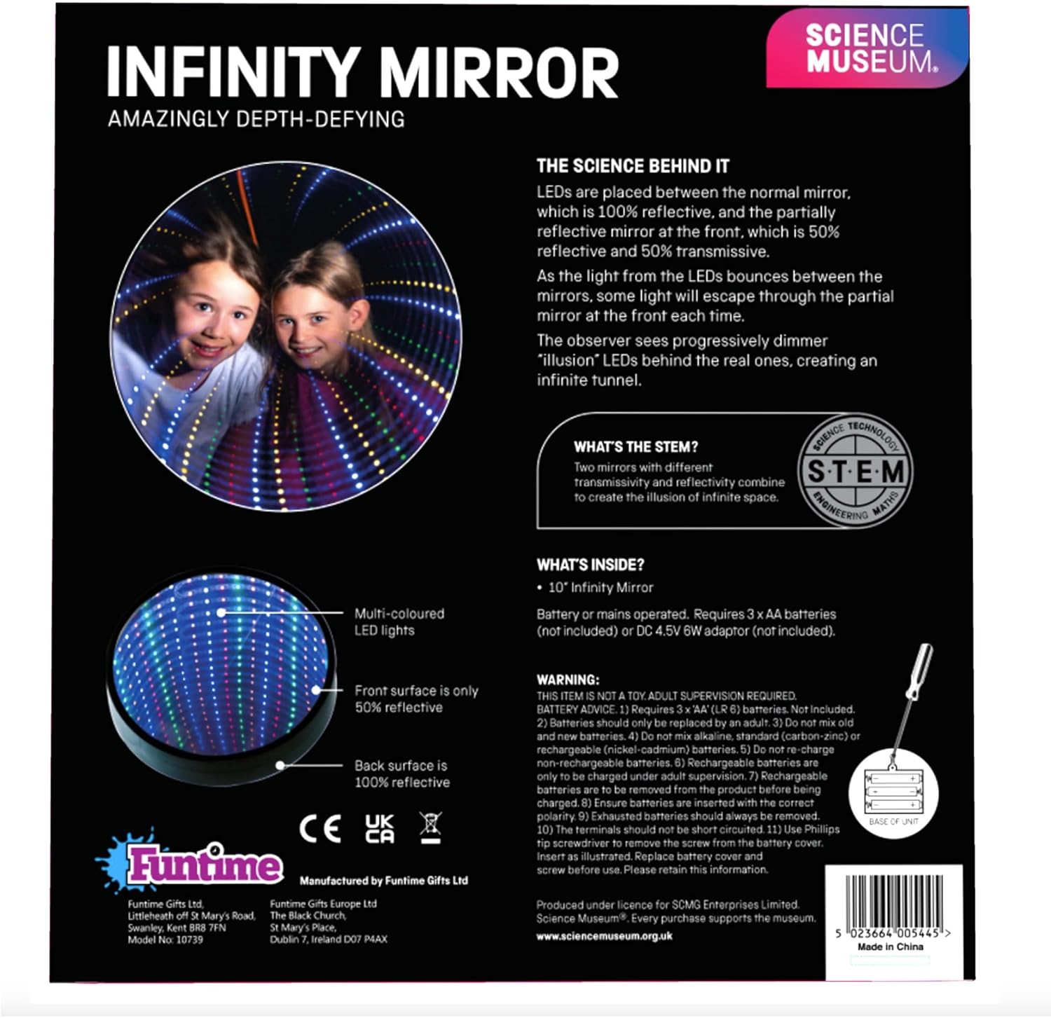Funtime Gifts Science Museum 10" Infinity Mirror - Create The Illusion of Infinite Space, Built in Wall Hook, Multicoloured LED Lights
