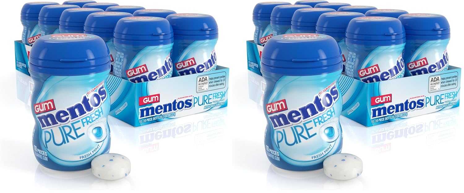 Mentos Pure Fresh Sugar‑Free Chewing Gum with Xylitol, Fresh Mint, Mini Nano Bottles, Miniature Pack Size, 10 Pieces (Pack of 20)
