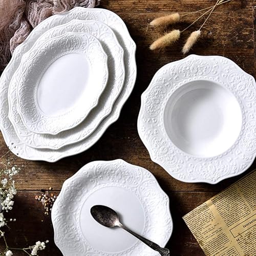 Miniatura 3 de Hemoton White Dishes - Plato de cerámica con encaje en relieve vintage para bodas, fiestas, restaurantes, cenas, postres, platos y microondas