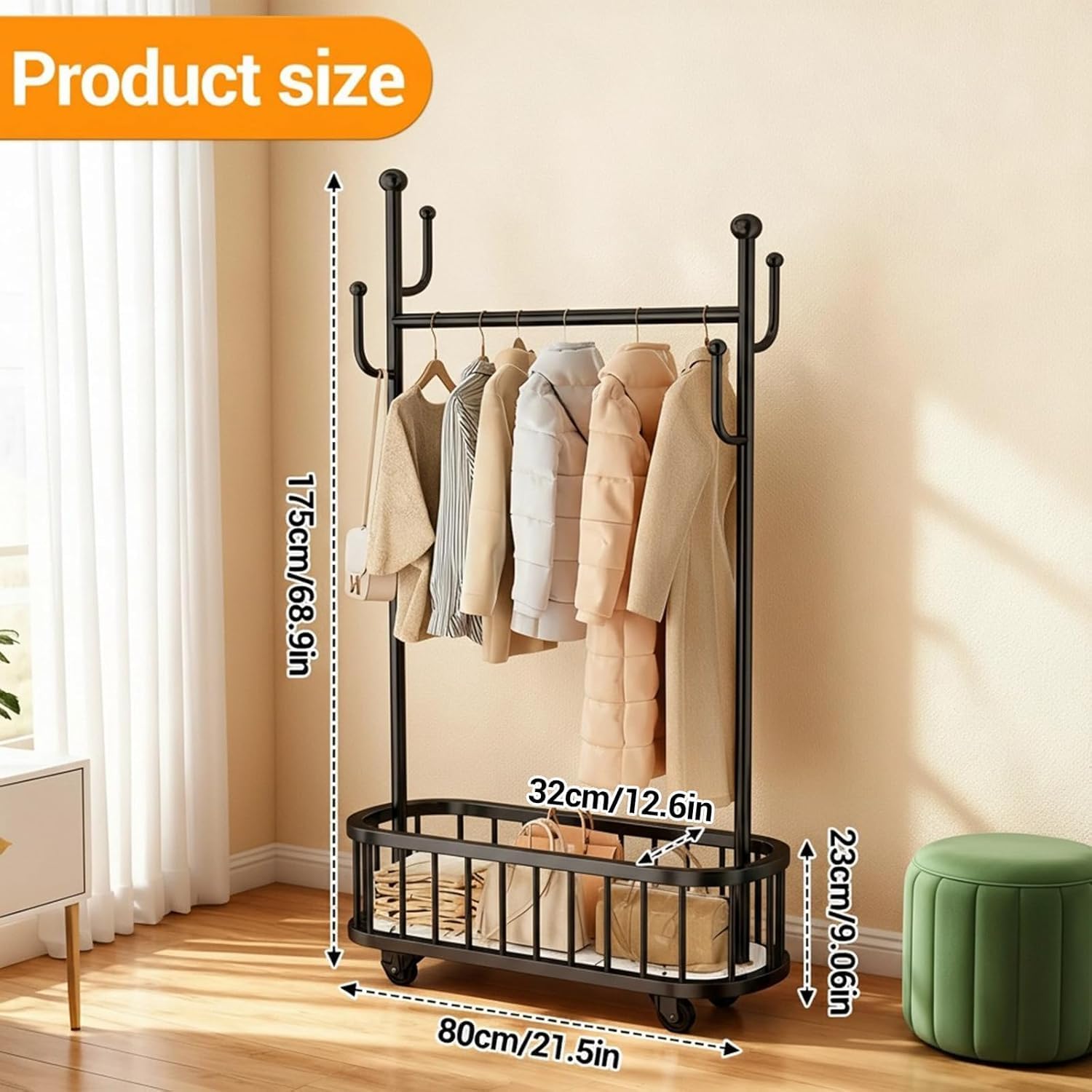 Rolling Clothes Rack with Pegboard Organizer,Freestanding Coat Rack Tree with 360° Lockable, Metal Garment Rack for Bedroom Living Room Entryway -Multi-Functional Use