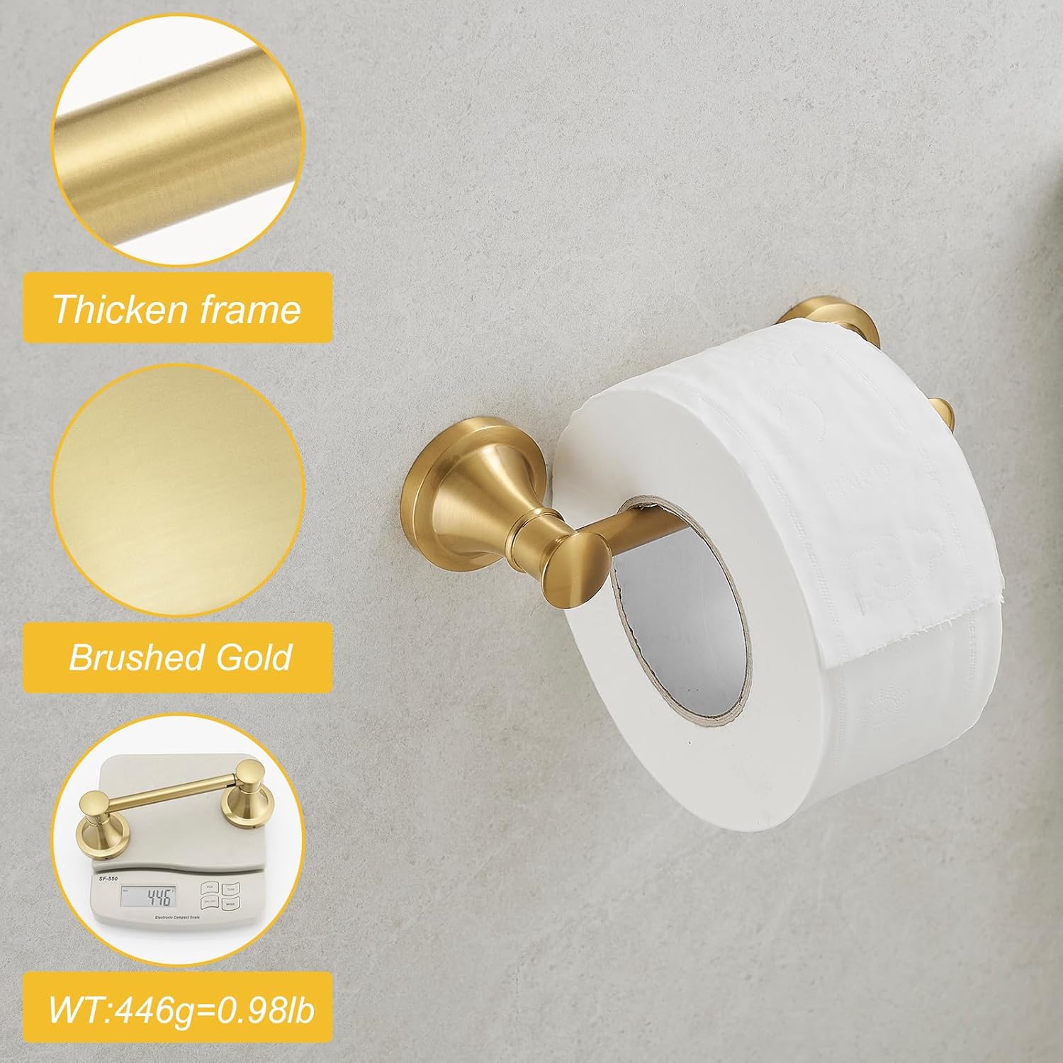 BESy Wall Mounted Toilet Paper Roll Holder Rustproof Tissue Paper Holder Bathroom Flexible Pivoting Tissue Handle Toilet Tissue Roll Holder, Brushed Gold, Stainless Steel - Image 2